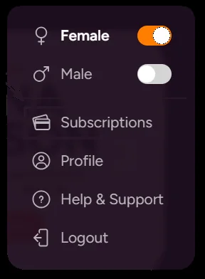 OhChat account menu from Female and Male through Subscriptions, Profile, Help and Support, and Logout.