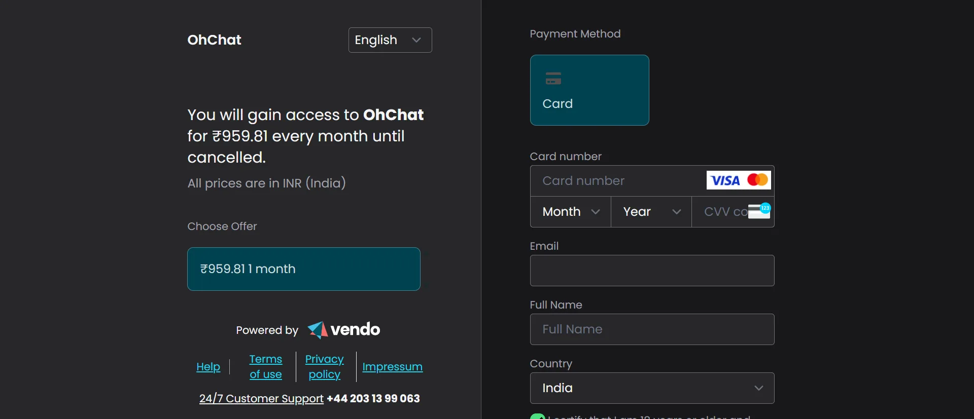 OhChat checkout on Vendo. India price is ₹959.81 every month until cancelled. Card, month, year, and India are on the form. The screenshot itself ends at the age line.