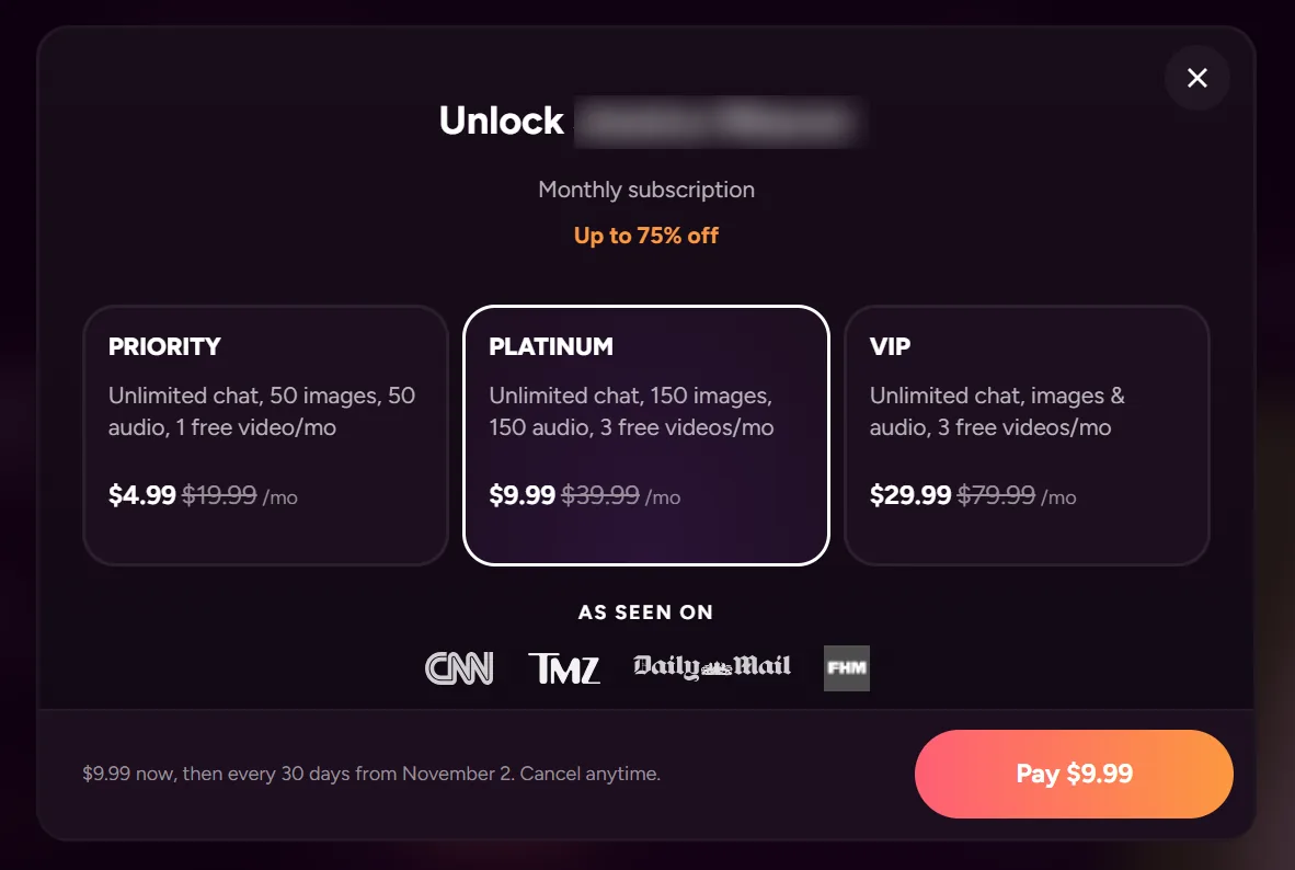 OhChat monthly plans. Unlock, then Priority $4.99, Platinum $9.99 selected, and VIP $29.99. The line says $9.99 now, then every 30 days. The button says Pay $9.99.