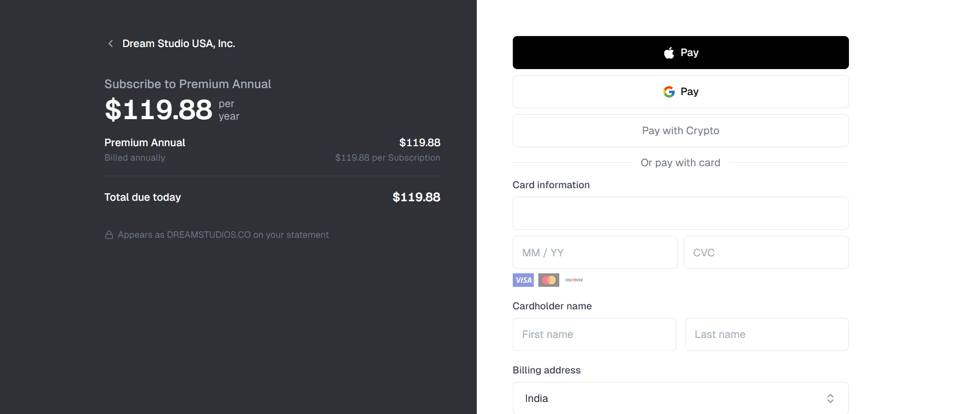 OurDream checkout for Premium Annual. Total due today is $119.88. The statement name is DREAMSTUDIOS.CO. Apple Pay, Google Pay, crypto, or card.