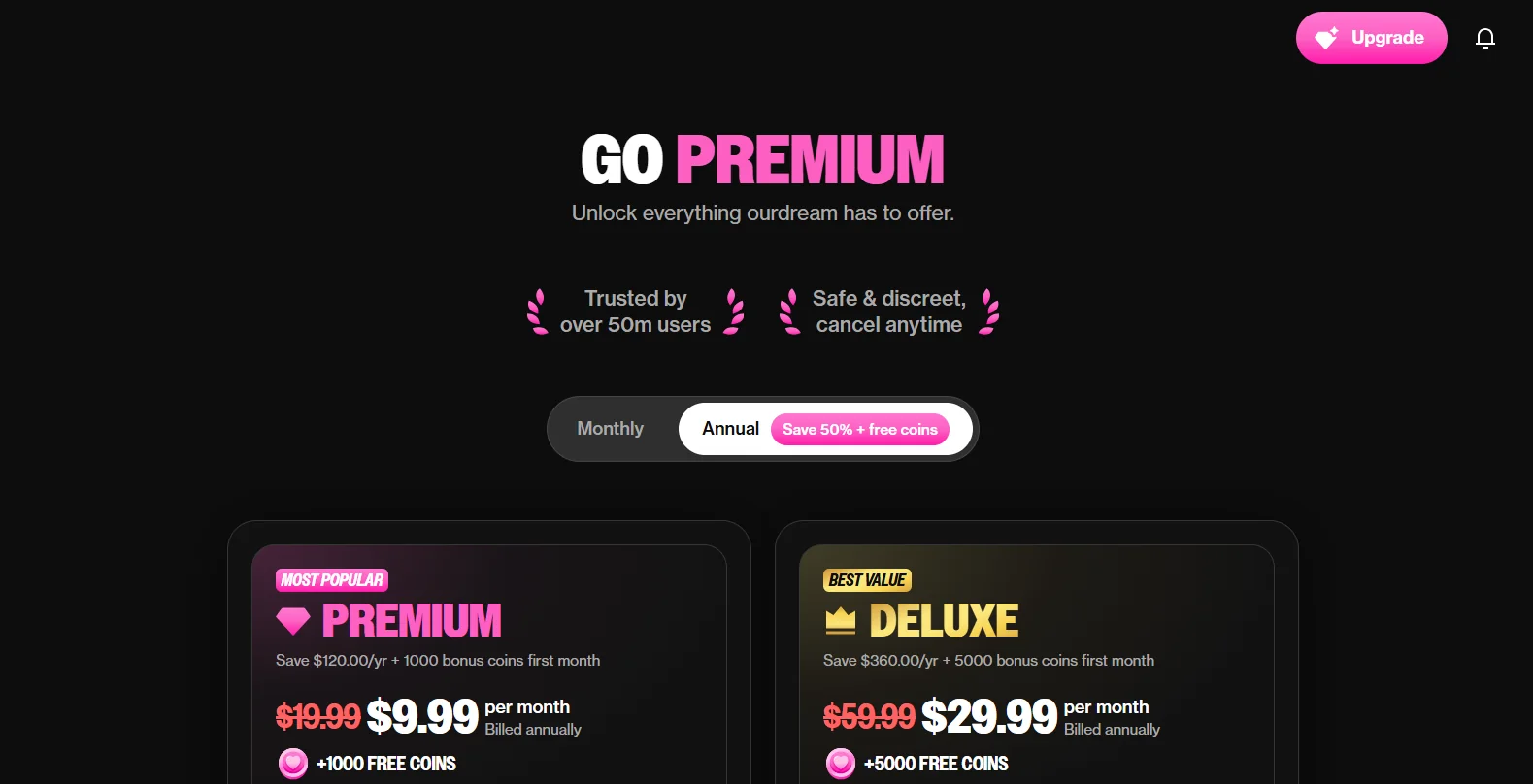 OurDream annual plans. Premium is $9.99 a month billed yearly, struck from $19.99, with 1,000 free coins. Deluxe is $29.99 a month billed yearly, struck from $59.99, with 5,000 free coins. The shot ends at the free-coin line.