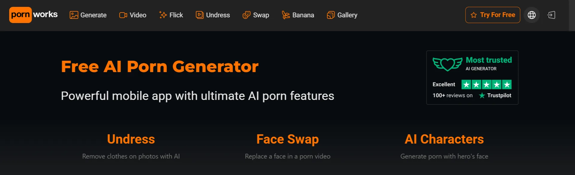 PornWorks homepage, Free AI Porn Generator, Undress, Face Swap, AI Characters