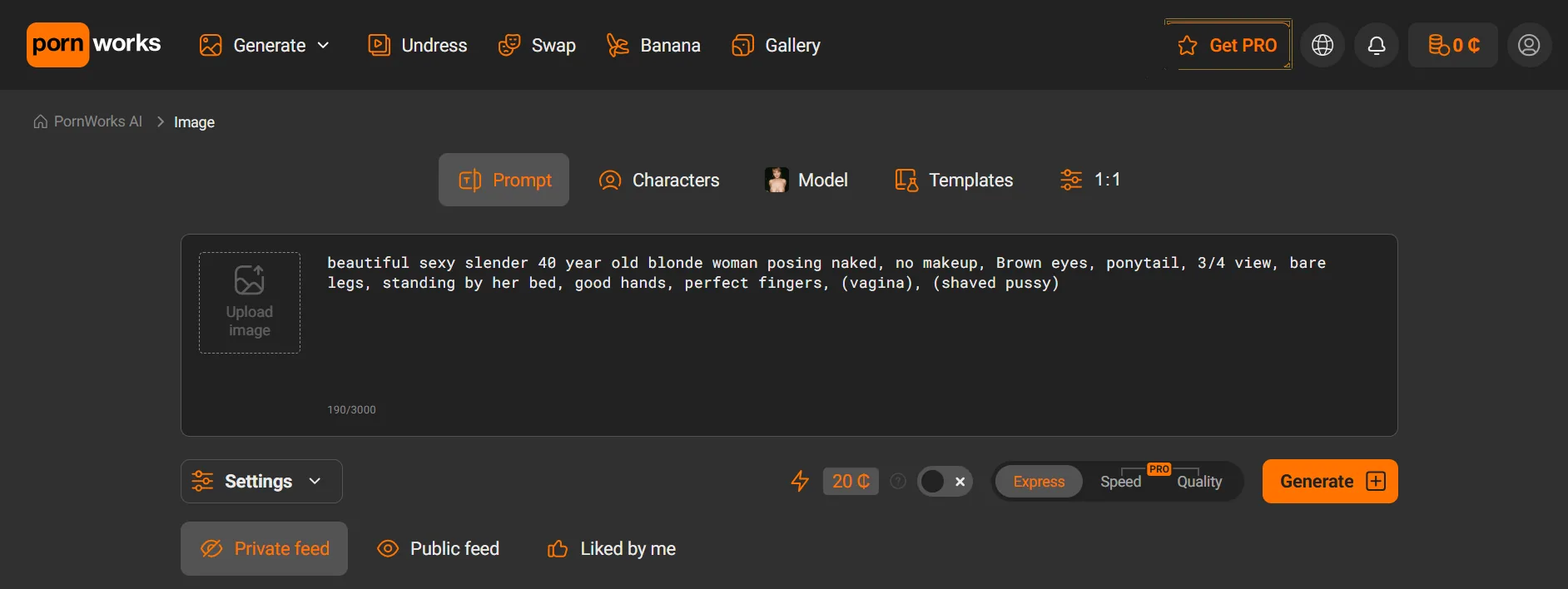 PornWorks image generator. Get PRO is in the header beside a balance of 0 credits. Generate is priced at 20 credits.