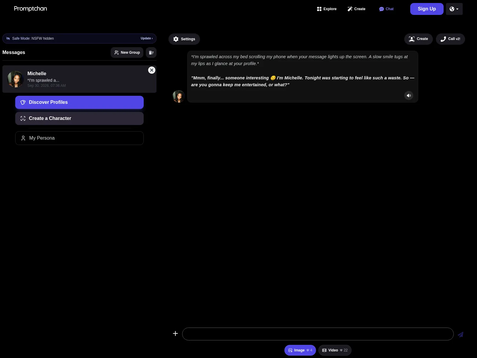 Promptchan chat with Michelle, empty composer