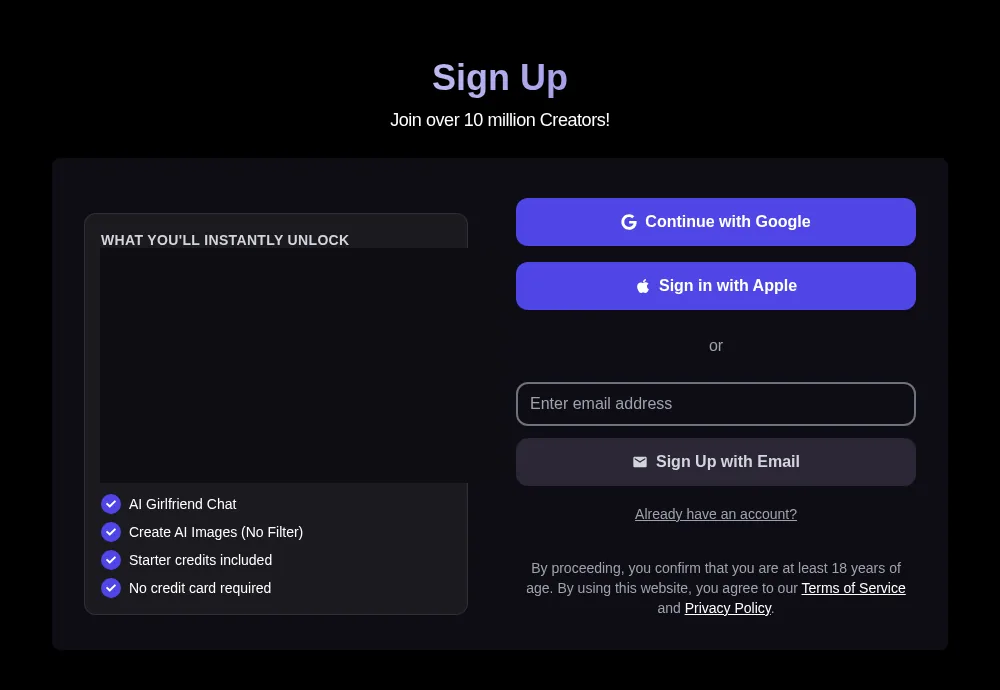 Promptchan Sign Up, empty email, Continue with Google, Sign in with Apple