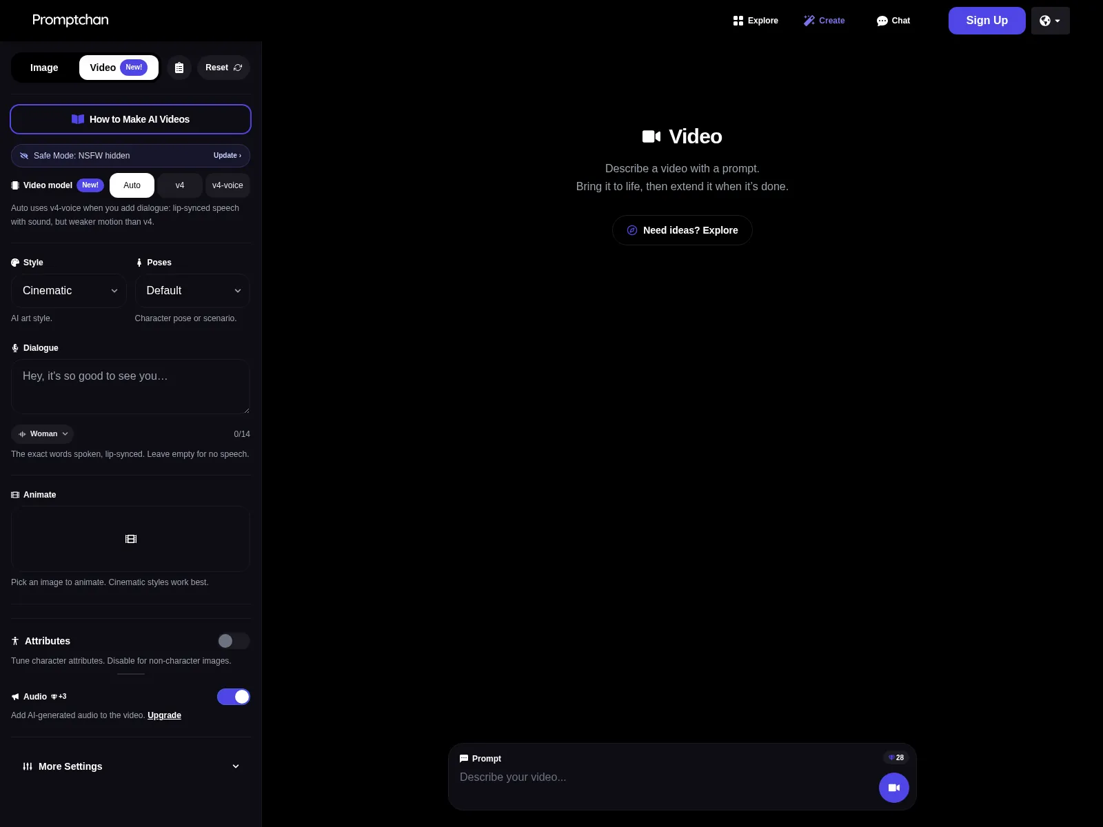 Promptchan Video tab, empty prompt, cinematic style