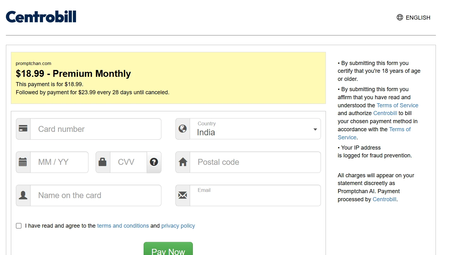 CentroBill checkout for Promptchan Premium. $18.99 now, then $23.99 every 28 days. The statement name is Promptchan AI.