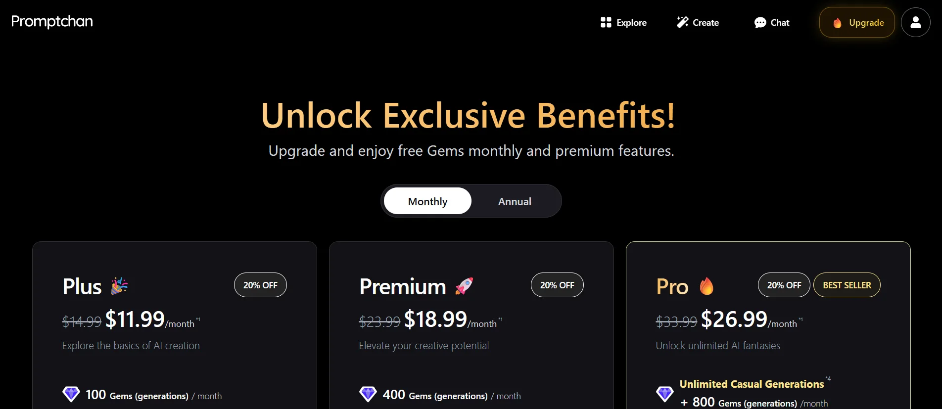 Promptchan monthly plans. Plus is $11.99, Premium is $18.99, and Pro is $26.99, each marked 20 percent off.