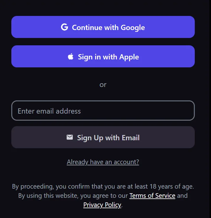 Promptchan signup. Continue with Google, sign in with Apple, or sign up with an email. The 18+ line is on the form.