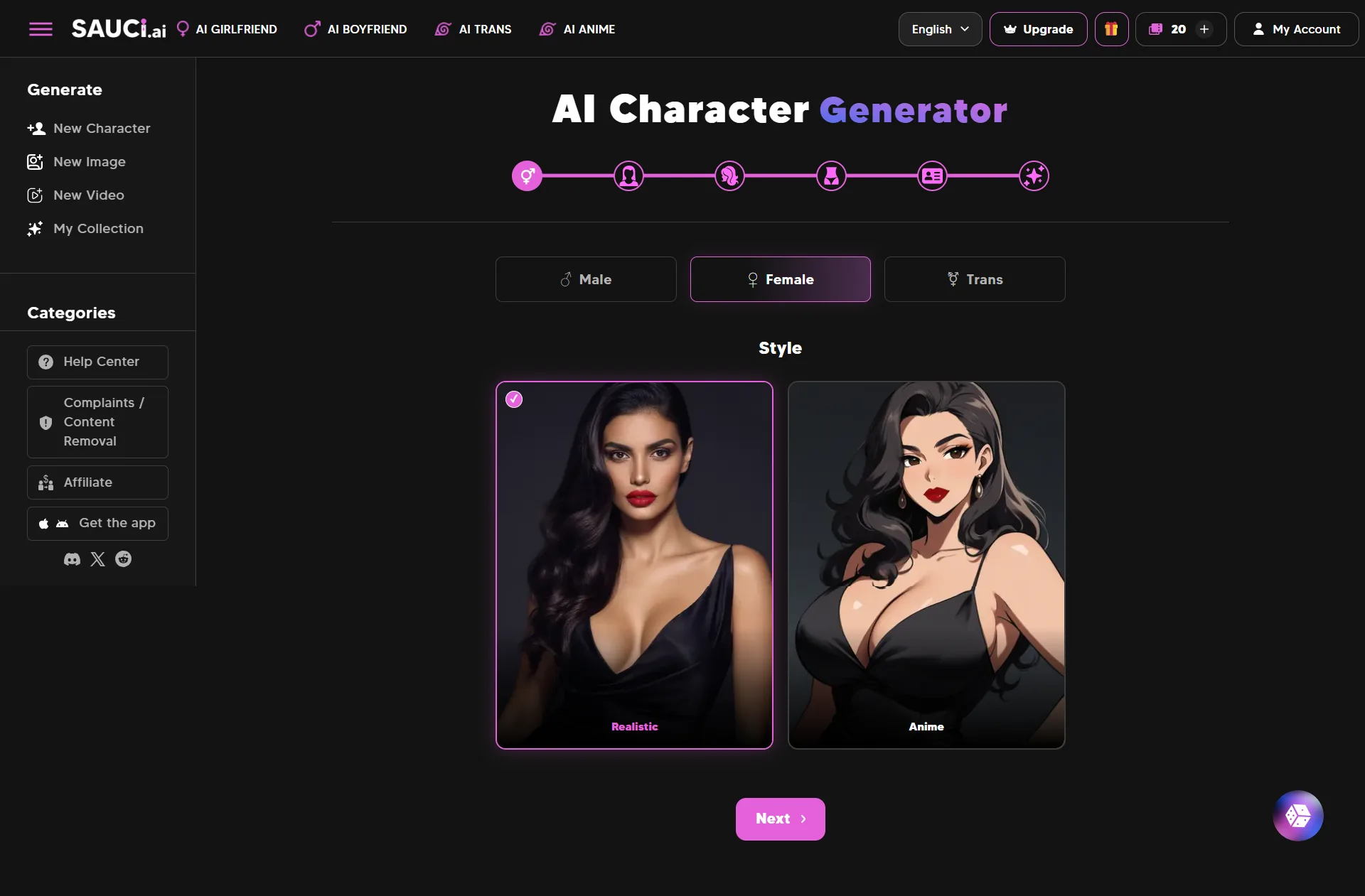 Sauci AI character generator, Female selected, Realistic, Anime, Next