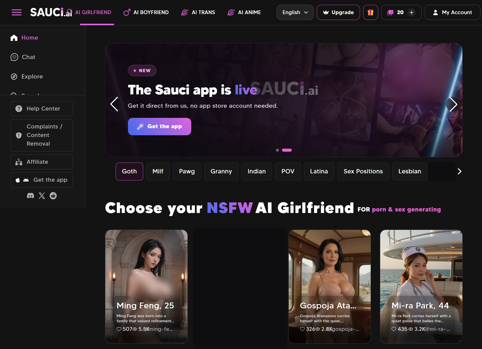 Sauci home, choose your NSFW AI girlfriend, Goth, Milf, Ming Feng 25