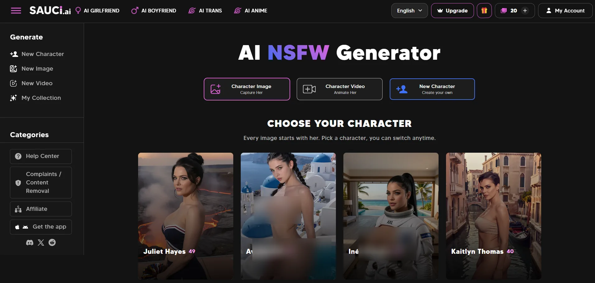 Sauci AI NSFW generator, choose your character, Juliet Hayes 49, Kaitlyn Thomas 40