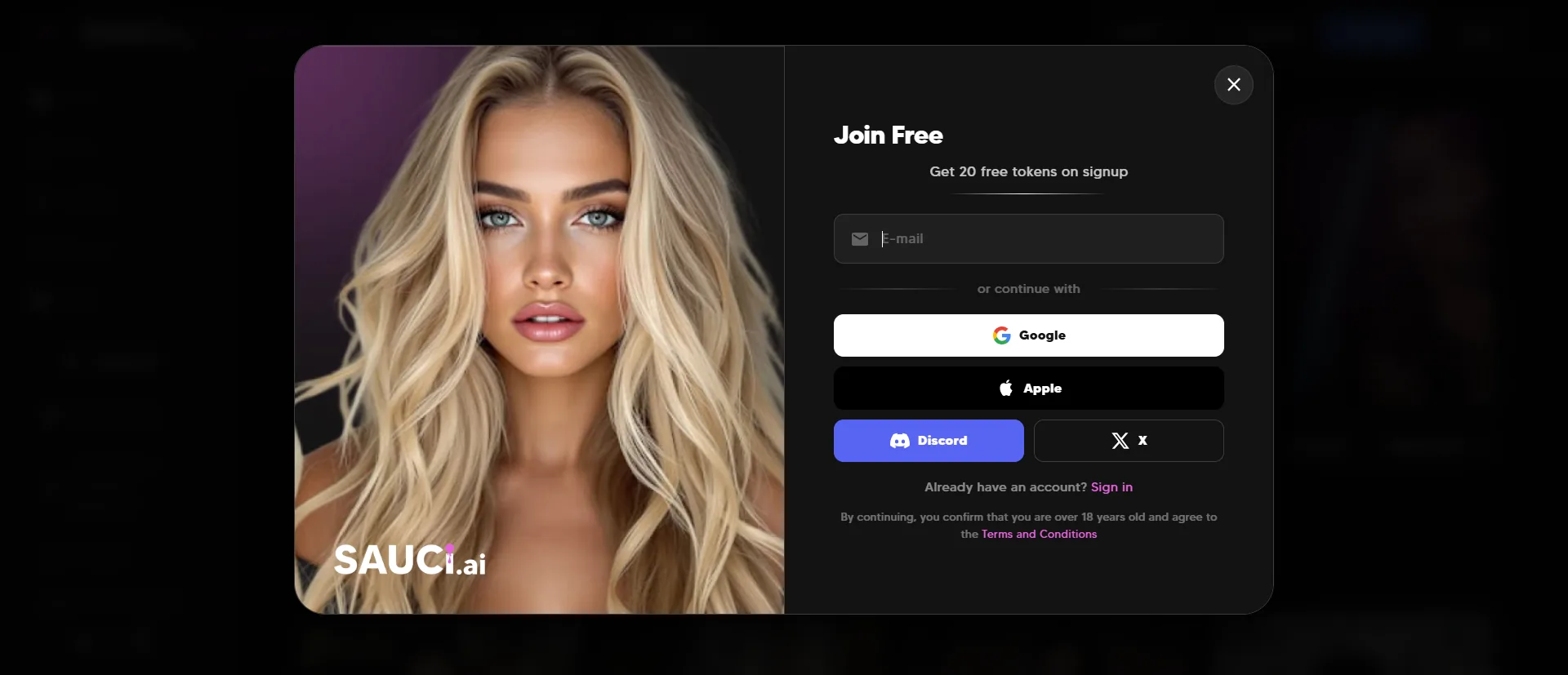 Sauci join free, 20 free tokens, empty email, Google, Apple, Discord