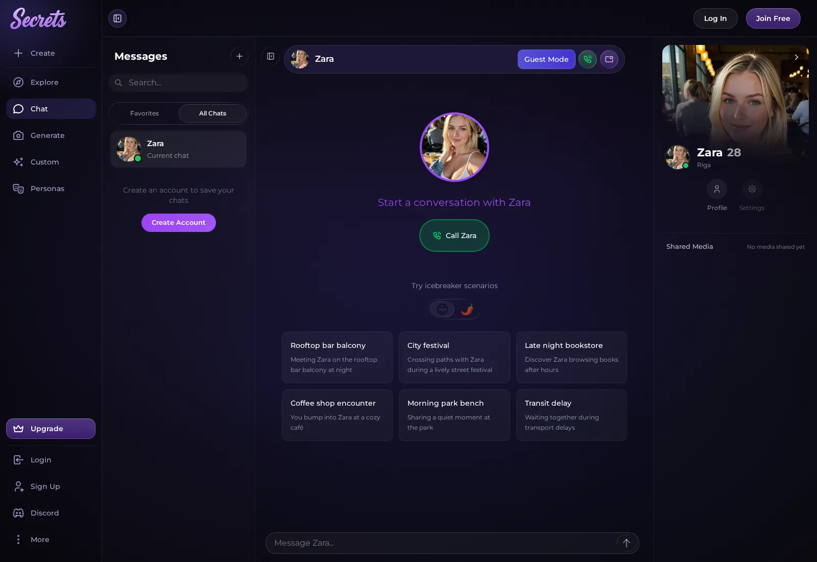 Secrets chat with Zara, 28, empty composer