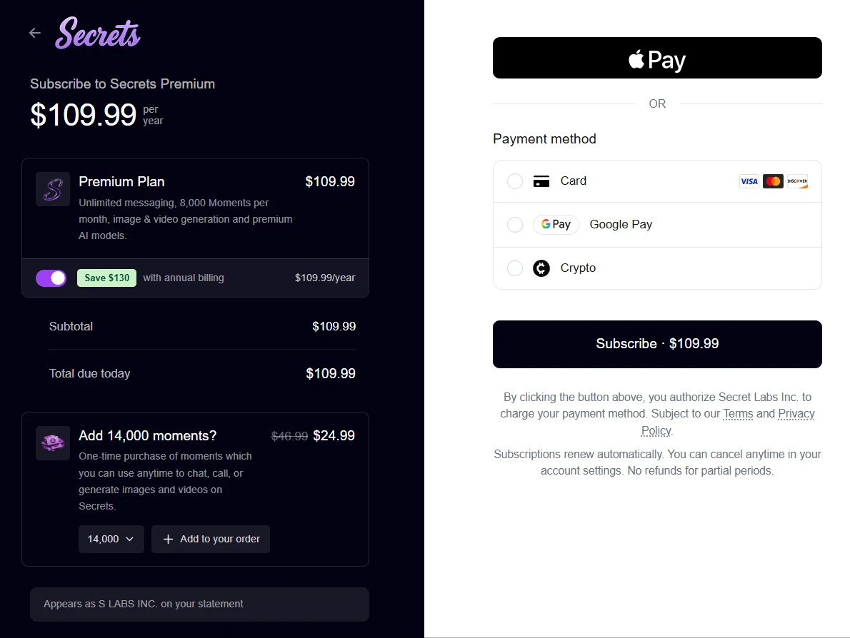 Secrets Premium checkout. $109.99 due today, Save $130 with annual billing, and a $24.99 pack of 14,000 Moments. The statement name is S LABS INC.
