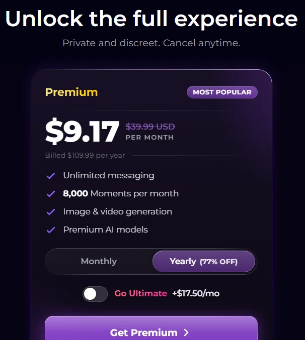 Secrets Premium, yearly selected. $9.17 a month, billed $109.99 a year, with 8,000 Moments. Ultimate is a switch at $17.50 more a month. Get Premium is on the card.