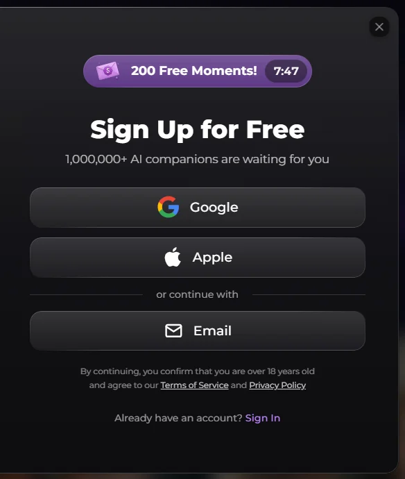 Secrets sign up. 200 free Moments, then Google, Apple, or email.