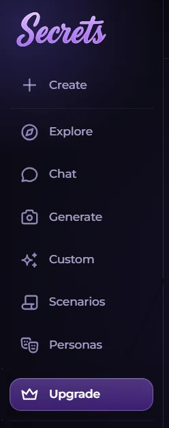 Secrets menu. Upgrade sits under Personas.