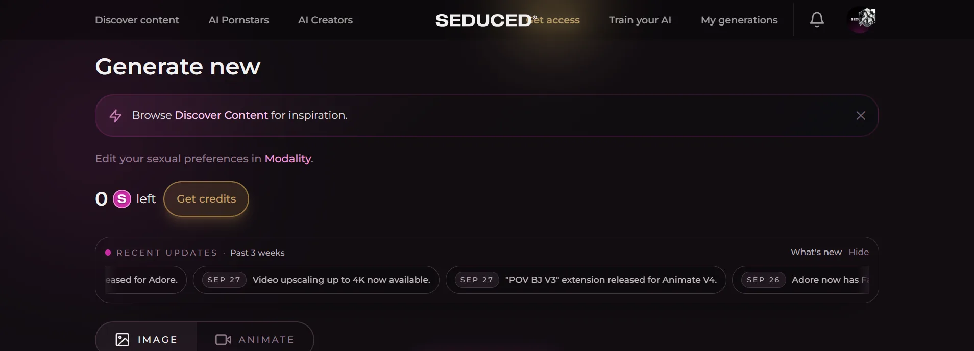 Seduced Generate new, zero credits, Image and Animate, nothing typed