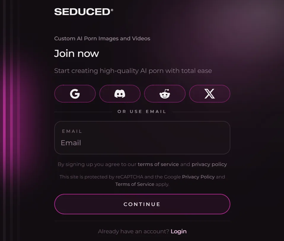 Seduced Join now, Google, Discord, Reddit, X, email field empty