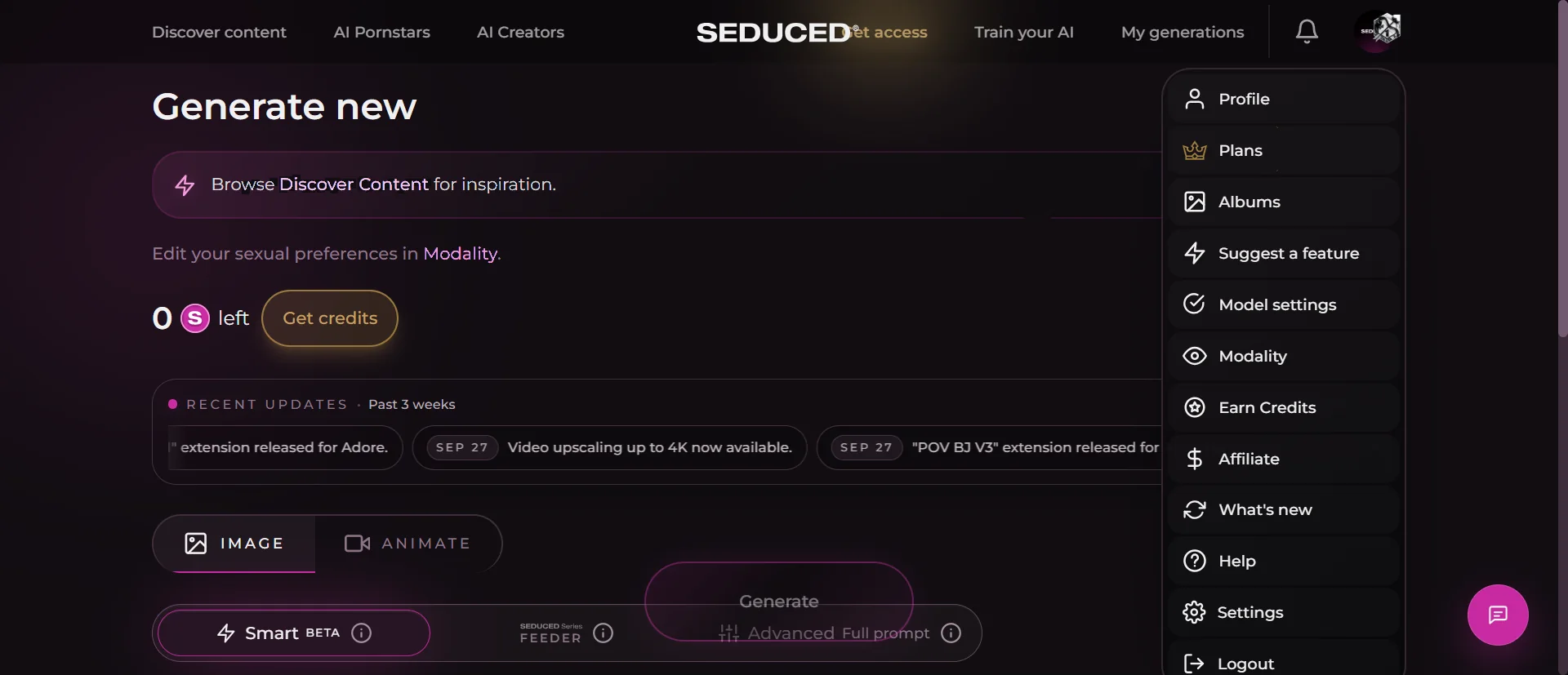Seduced generator. The account menu is open. Plans sits under Profile, with a crown.