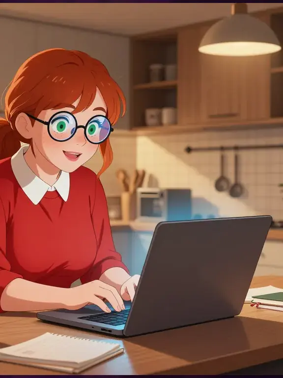 JetCity Jo, 35, a public Soulkyn portrait at a kitchen desk