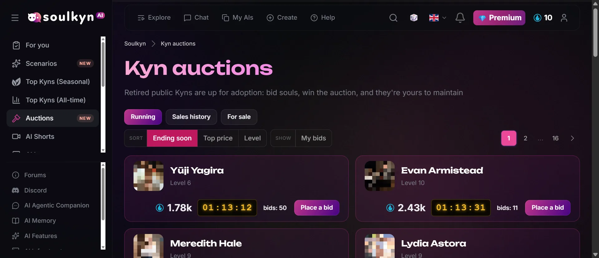 Kyn auctions. Faces on the cards are blurred.