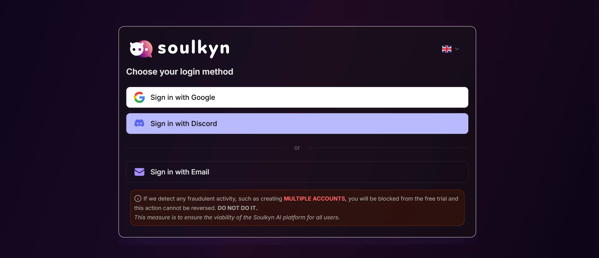 Soulkyn sign-in. Google, Discord, or email.