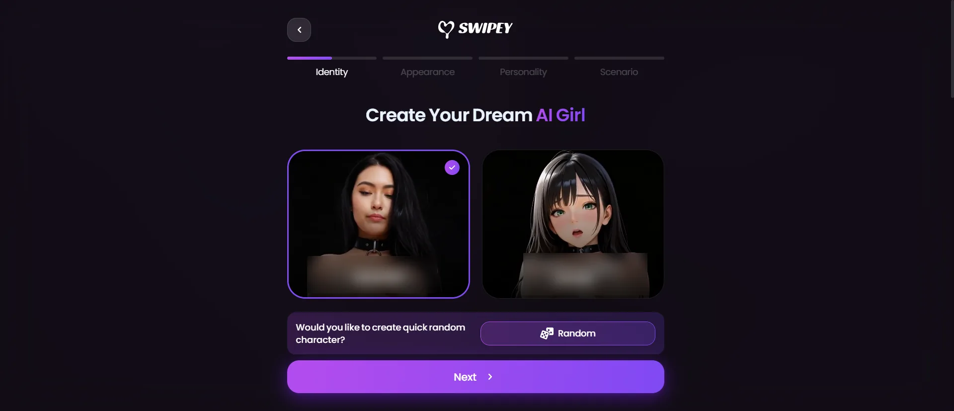 Swipey Create Your Dream AI Girl, Identity, Realistic selected, Anime, Next