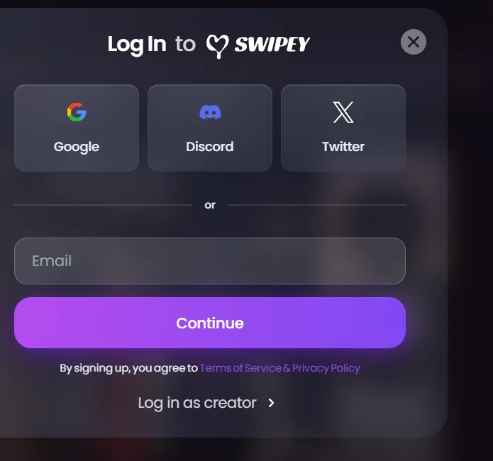 Swipey log in, Google, Discord, Twitter, empty email, Continue
