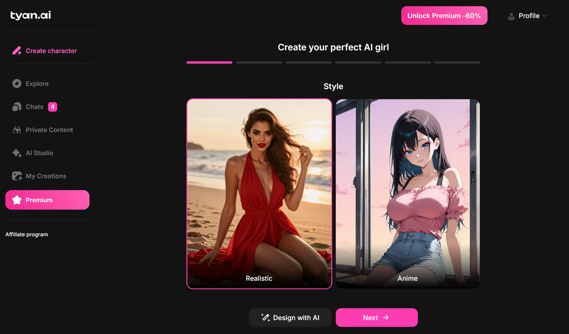 Tyan create your perfect AI girl, Realistic selected, Anime, Next