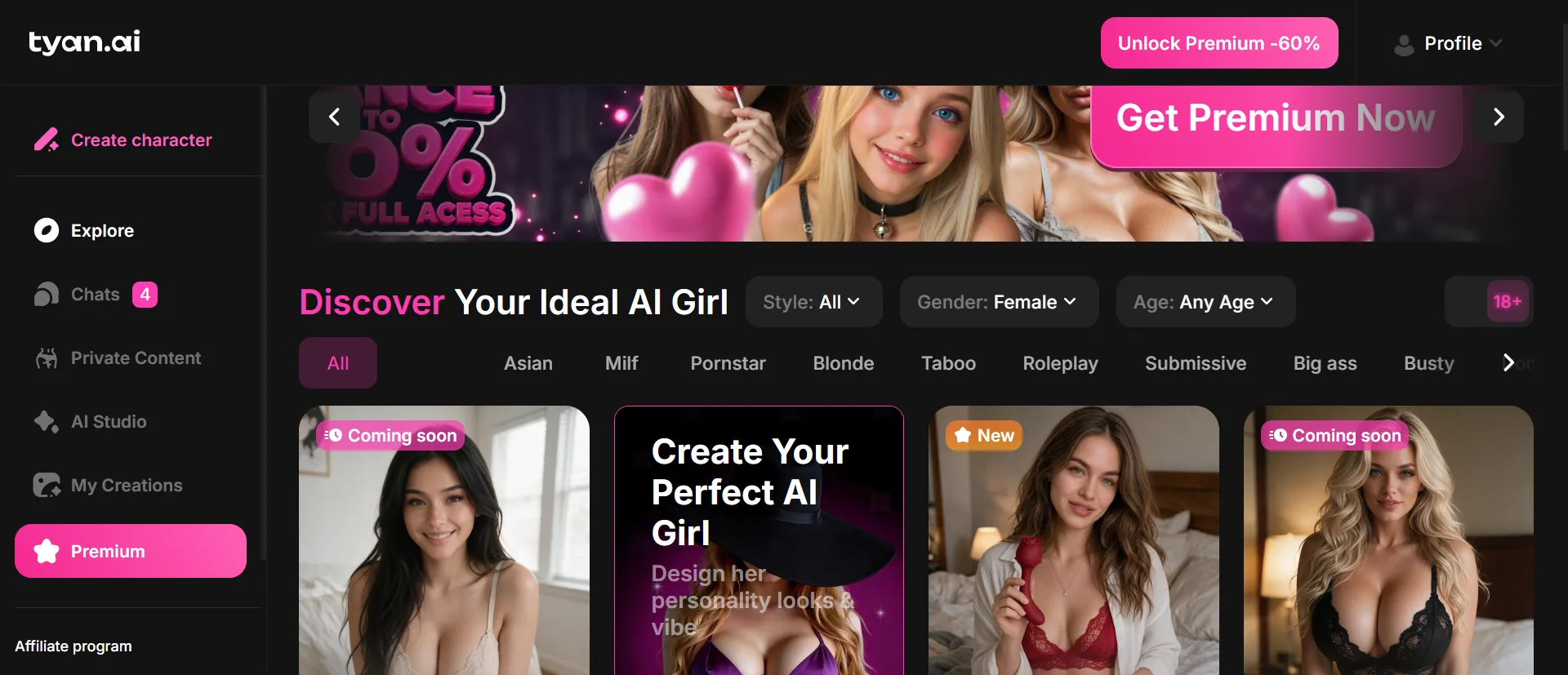 Tyan Discover your ideal AI girl, style all, gender female, 18 plus