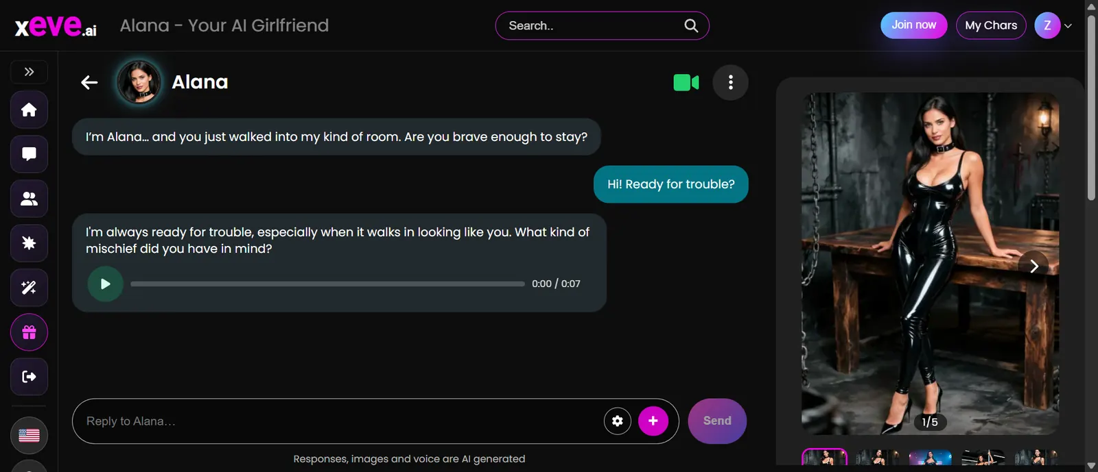 Chat with Alana on XEVE. A voice reply and a video still of Alana beside a table.