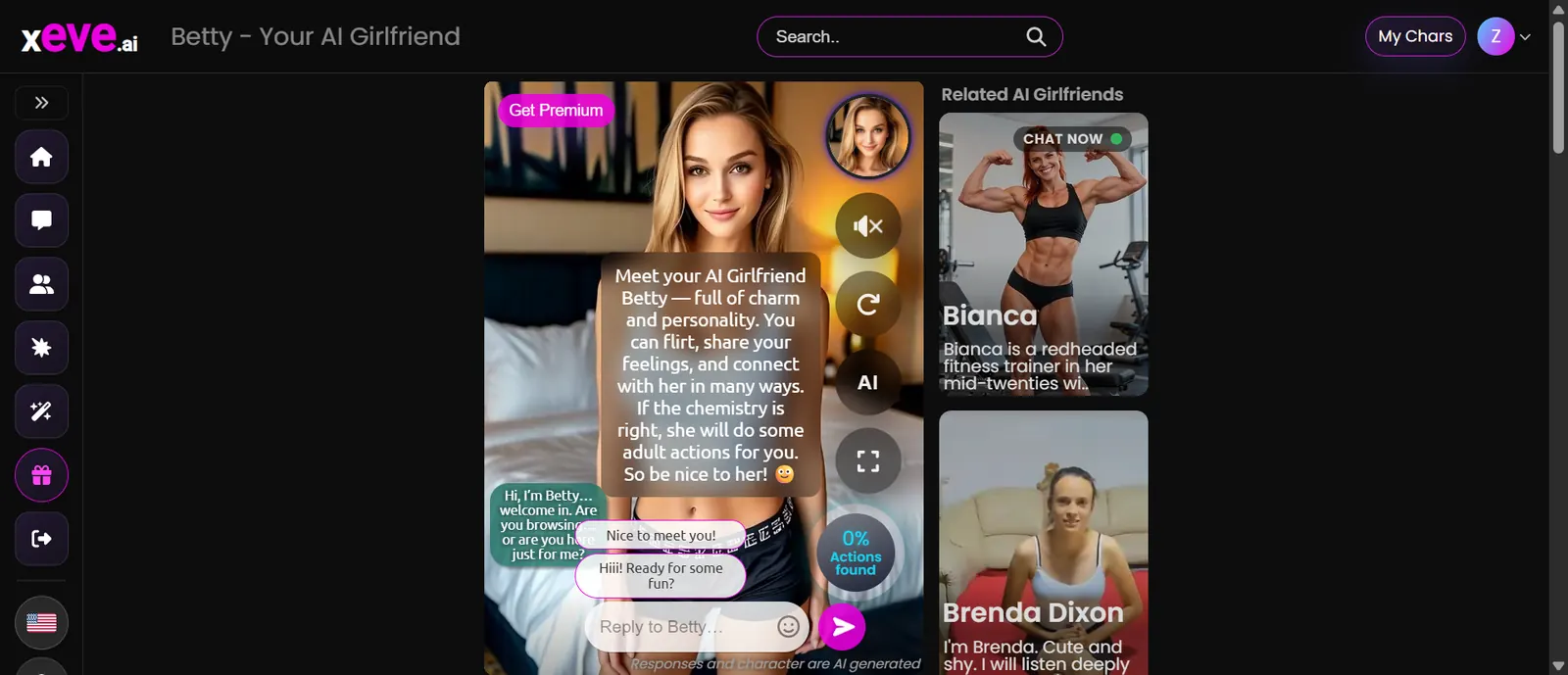 Betty on XEVE, a video chat with Get Premium, and related cards for Bianca and Brenda Dixon.