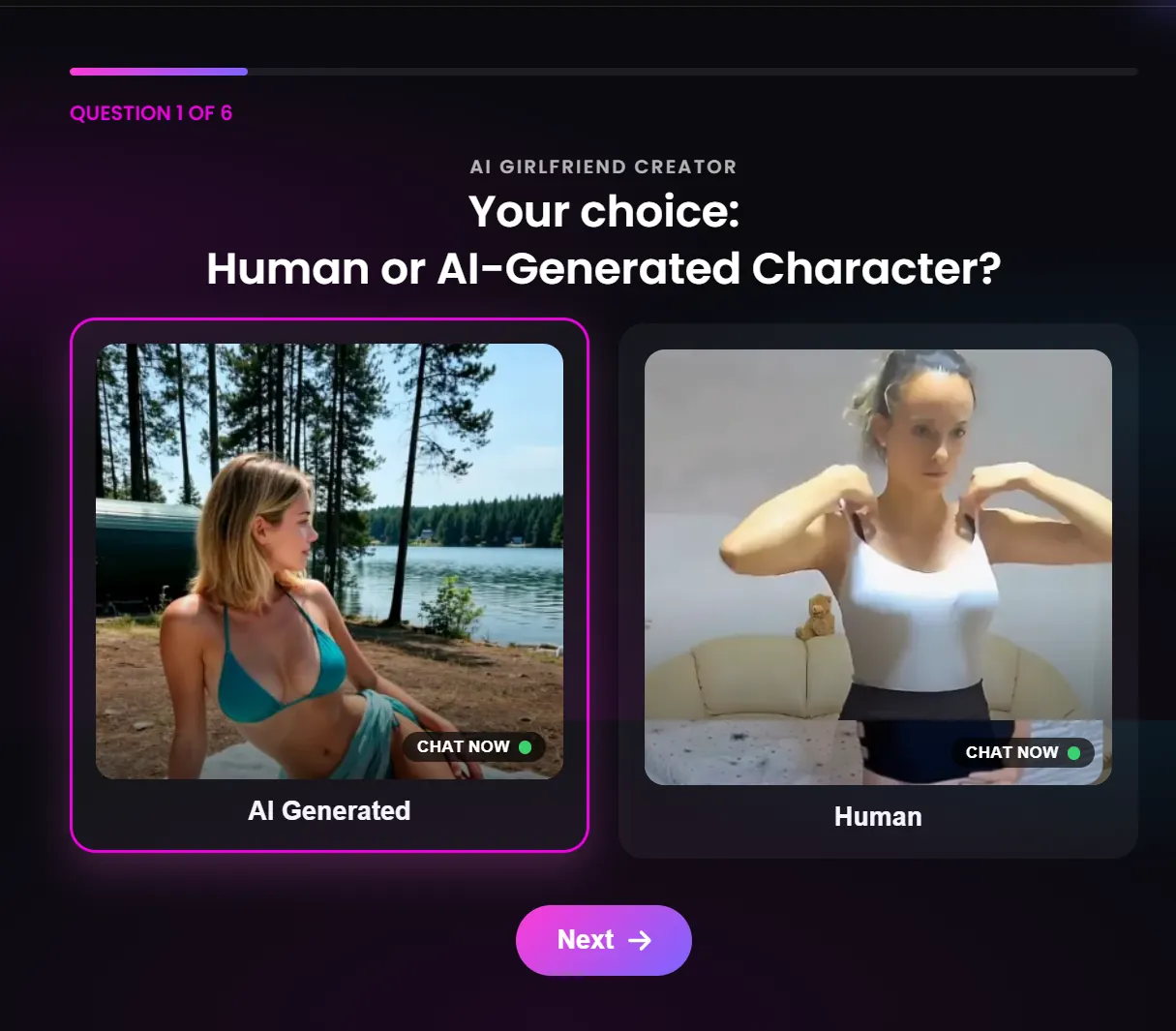 XEVE AI Girlfriend Creator, question 1 of 6, AI Generated or Human.