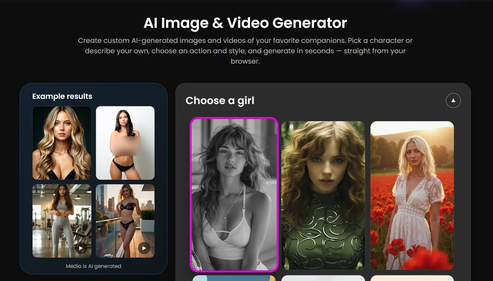 XEVE AI Image and Video Generator. Example results beside Choose a girl.