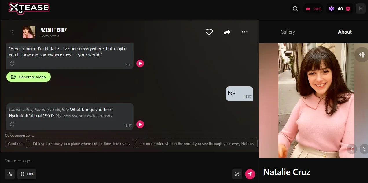 Xtease chat with Natalie Cruz, message box empty