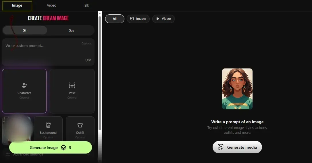 Xtease Create Dream Image, empty custom prompt, Generate image